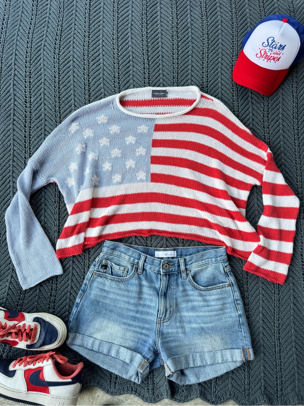 Wooden Ships Flag Stripe lightweight Knit Crop Sweater M/L USA patriotic Coastal